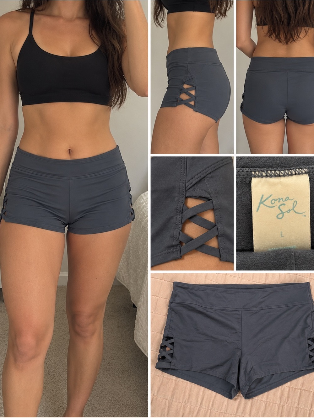 Kona Sol Women’s L X-Side Sport Swim Shorts Gray Strappy Boyshort Bottom